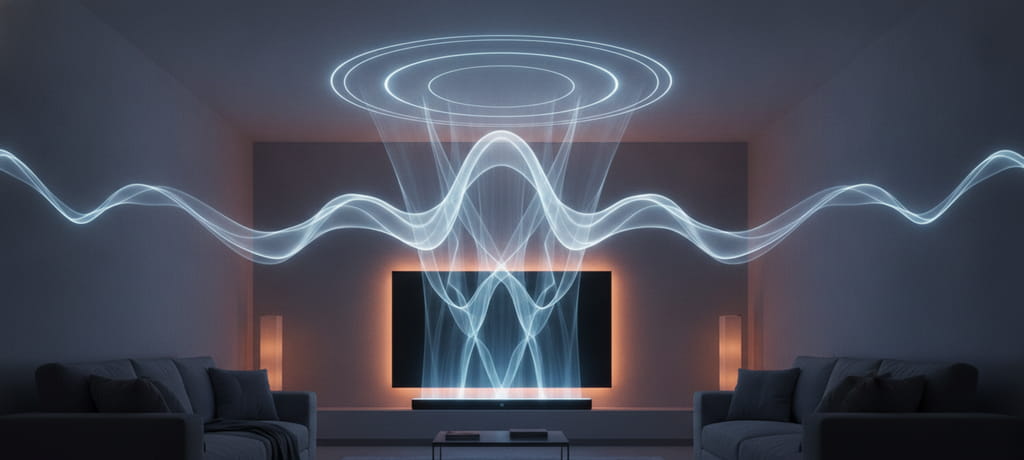 Abstract visualization of spatial sound waves rising from a soundbar toward a flat ceiling in a dim living room, soft glowing ripples of blue and white light bouncing off the ceiling and walls, sense of immersive three-dimensional audio, cinematic mood lighting, no text, no people