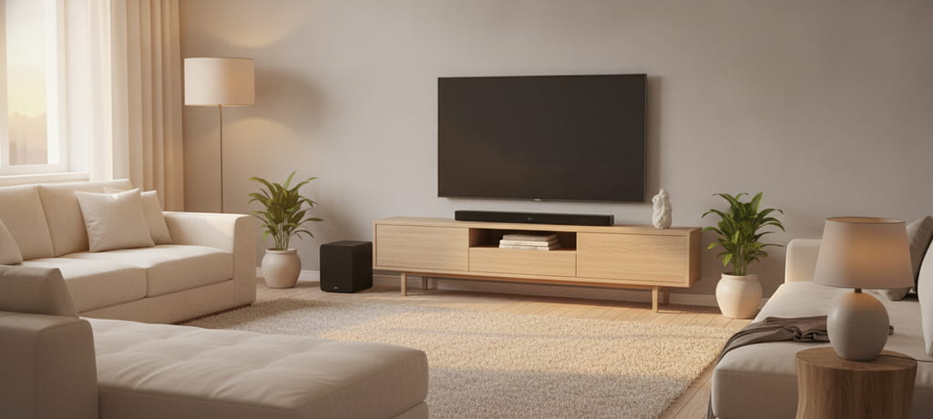 A peaceful tidy living room in soft evening light, a soundbar and subwoofer neatly placed near a television cabinet, warm golden glow, sense of balance and completion, calm harmonious home entertainment setup, no text, no brand marks