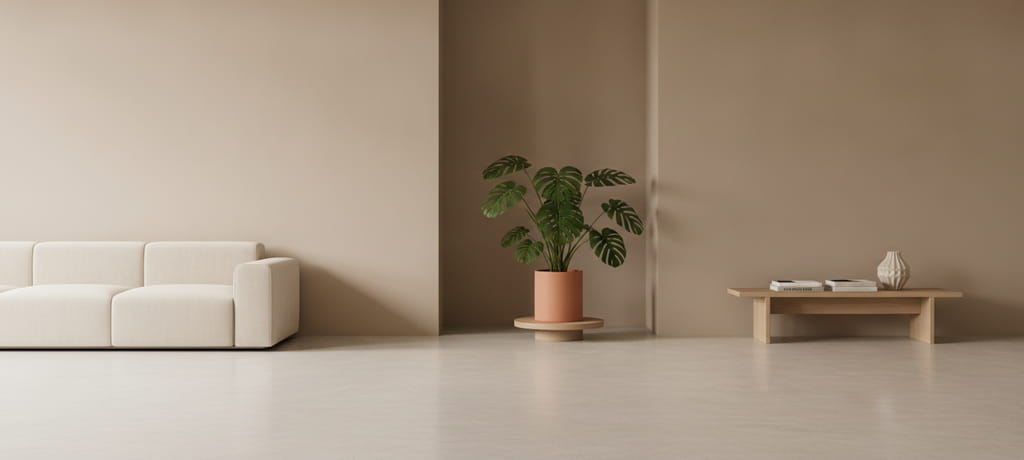 A minimalist living room corner with a wall and empty floor space showing distance between furniture and the wall, soft ambient light, warm beige tones, a potted plant nearby, serene atmosphere, no people, no text