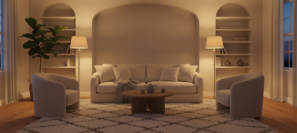 A tranquil living room scene at dusk with warm lamplight, a sofa facing a symmetrical open space, a thick textured rug on the floor, peaceful and balanced composition, no people, no text, no products visible