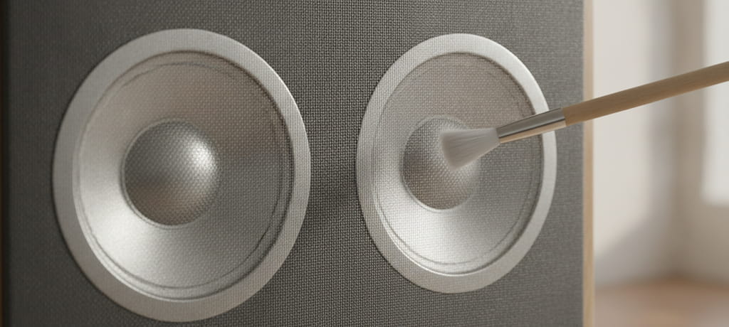 Close-up artistic shot of a speaker's fabric grille and metallic driver cones catching soft natural light, with a soft brush gently hovering near the surface, emphasizing delicate care and precision, neutral tones, no text, no brand visible