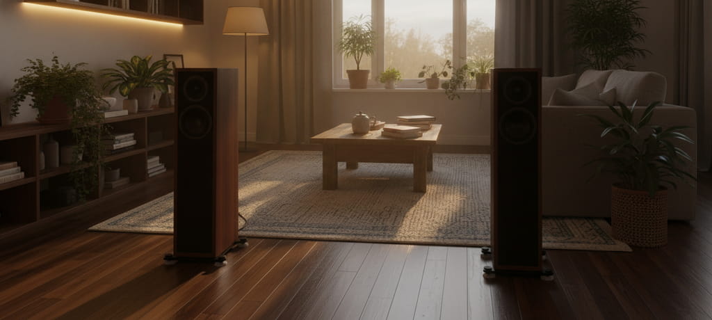A tranquil home interior at dusk with floorstanding speakers standing on a wooden floor, soft ambient lighting, a sense of order and long-term care, symbolizing routine maintenance and lasting quality, peaceful and harmonious mood, no text, no products visible in detail