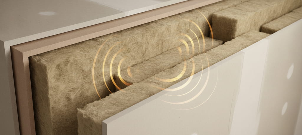Close-up conceptual illustration of a wall cross-section showing layered drywall panels with insulation material inside a cavity, soft diffused light revealing texture and depth, abstract visualization of sound vibrations traveling through the layers, warm neutral color palette evoking precision and craftsmanship