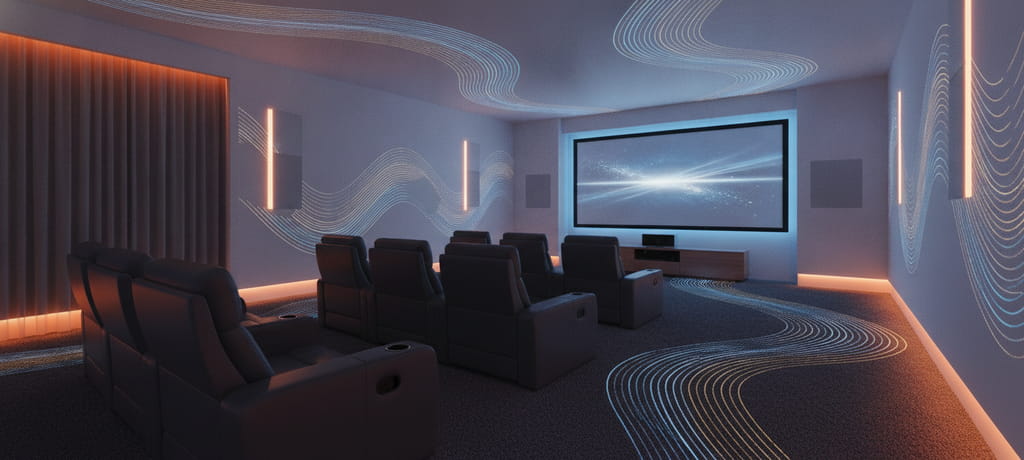 A serene home theater room interior at dusk, soft glowing ambient light, clean walls with subtle speaker integration, abstract sound wave patterns flowing harmoniously through the space, conveying balance, calm, and technical mastery of acoustic design