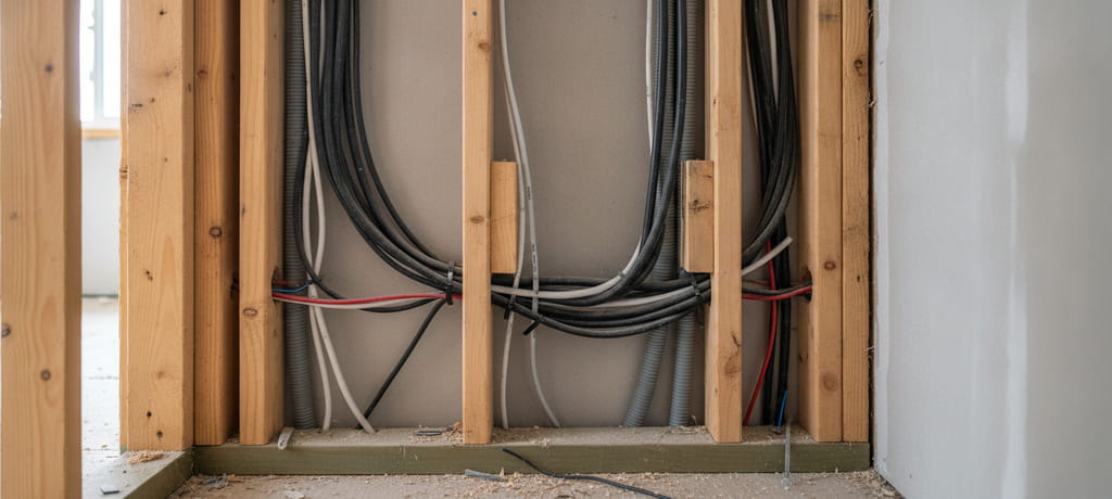 Close-up view of electrical cables and conduit bundles running through wooden stud framing inside an unfinished drywall wall, soft natural light highlighting the organized wiring, sense of careful preparation and precision