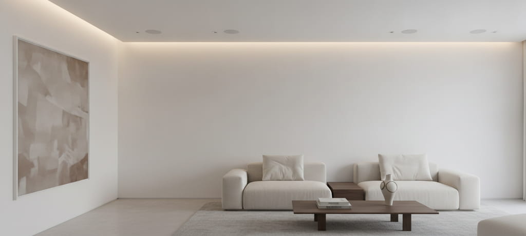 A finished minimalist living room with smooth white ceiling and walls, subtle recessed speaker openings blending seamlessly into the surface, soft ambient lighting conveying harmony, completion, and quiet technical success