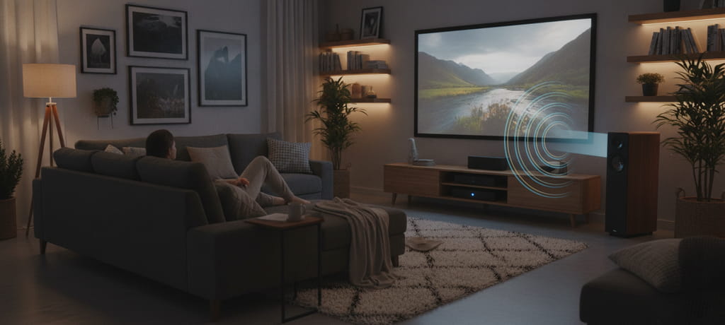 A peaceful home interior at evening with soft warm light, a person sitting comfortably on a sofa facing a screen, subtle visual suggestion of sound waves gently radiating from a corner speaker box, cozy and satisfying atmosphere representing a well finished home theater setup, no text, no logos