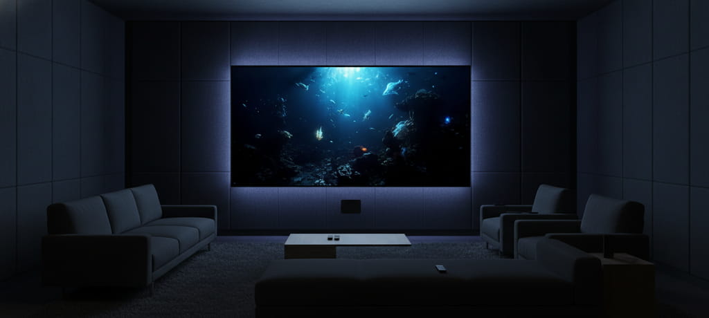A dark home theater room with a television screen emitting deep rich contrast between bright and black areas, subtle glowing light reflecting off the walls, minimalist furniture, serene and immersive mood, no text or branding visible