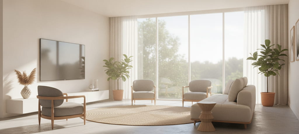 A bright sunlit living room with large windows and natural light streaming in, a television screen on the wall reflecting daylight softly, clean modern interior design, peaceful and balanced atmosphere, no text or logos